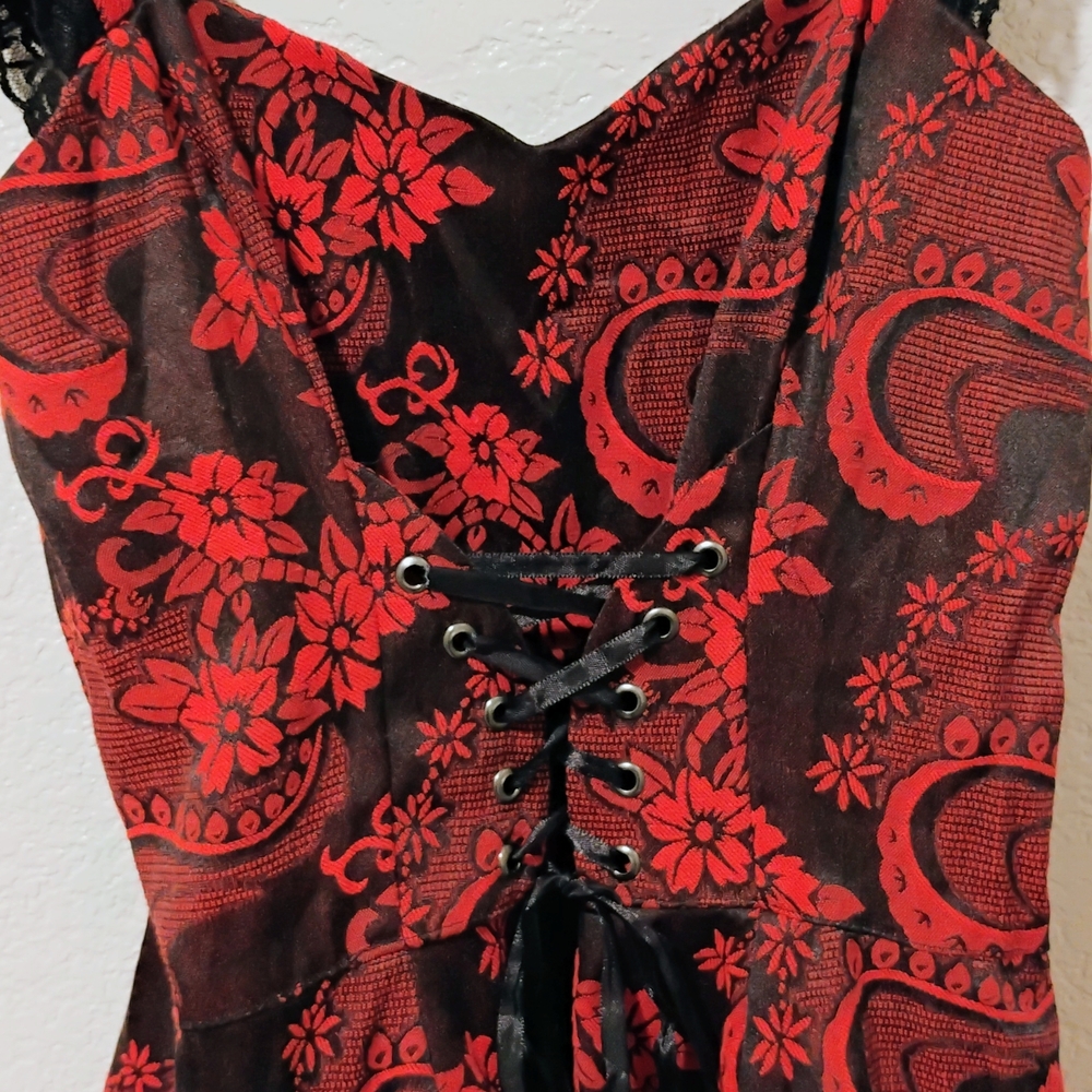 Red and Black Floral Lace-Up Dress
